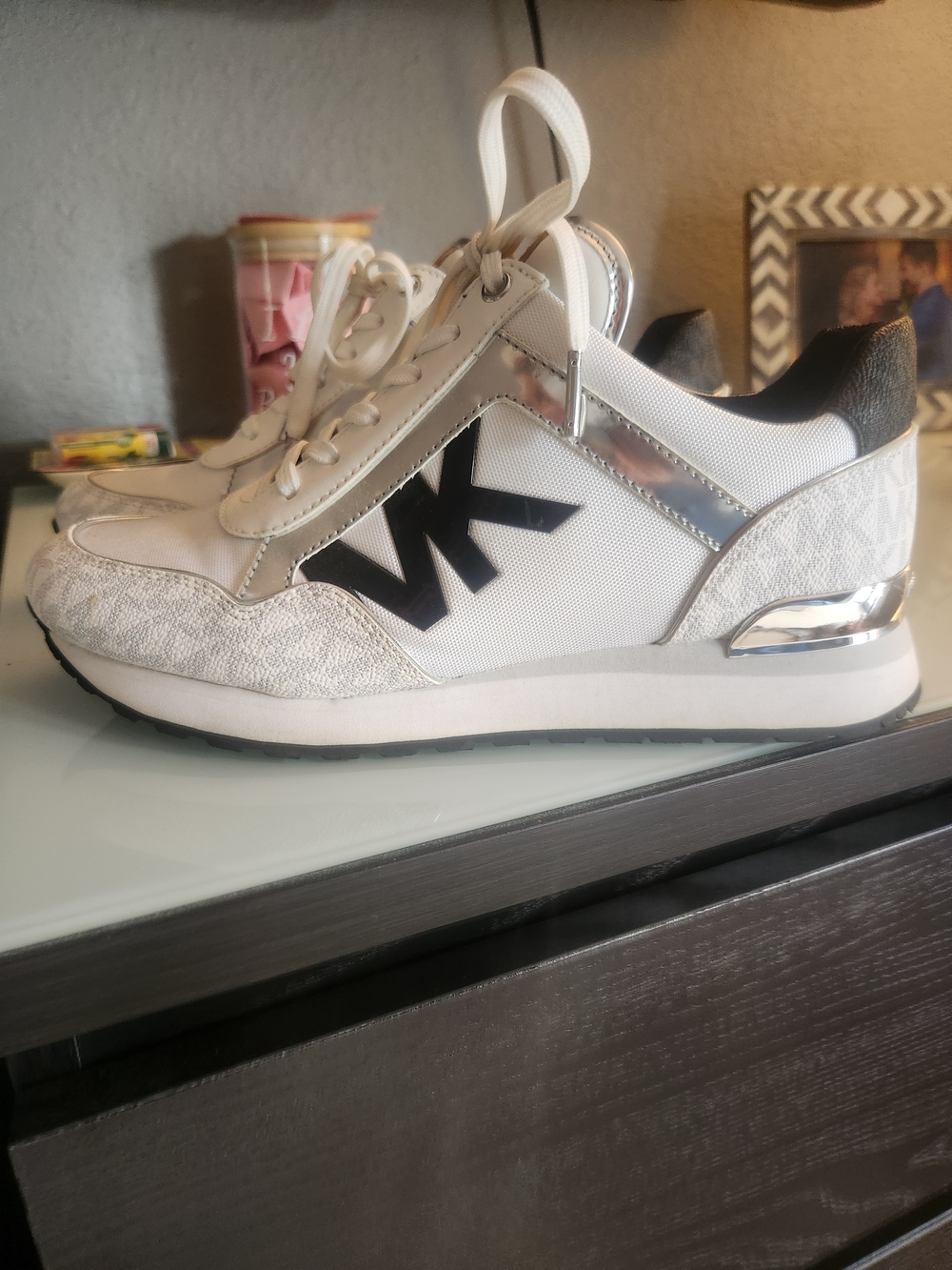 Michael Kors White Sneakers with Black MK Logo and Silver Trim